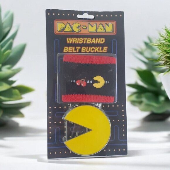 Pac-Man Belt Buckle & Wristband Set 2010 New Old Stock Namco Bandai Games Pewter - Picture 1 of 6